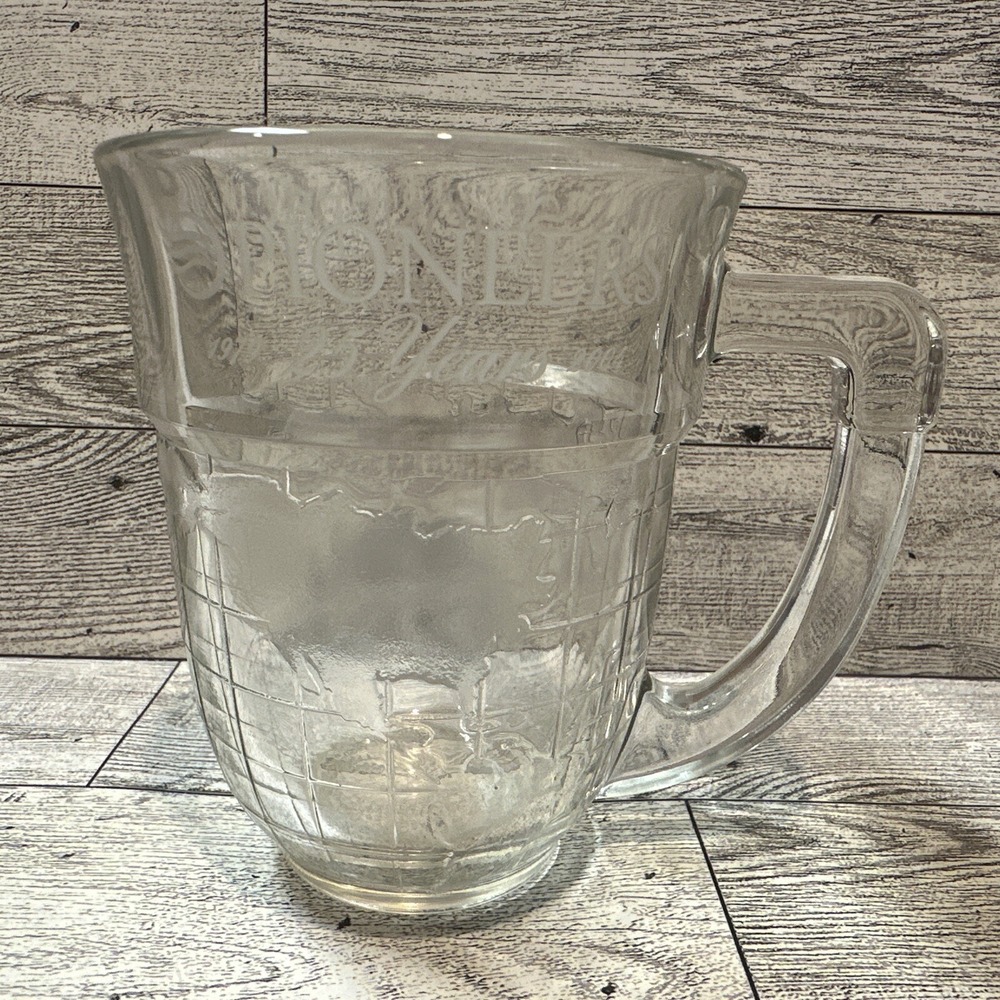 GLASS AMERICA Clear Mug w/ Globe Pioneers 25 Years 4.5x4.5" Vintage